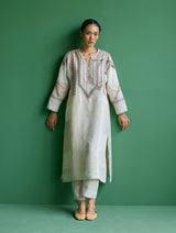 Rida Hand-Embroidered Metallic Linen Kurta - Ivory