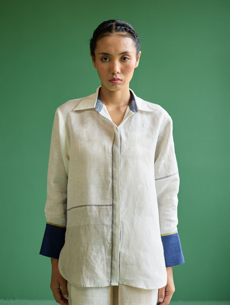 Yang Color-Blocked Metallic Linen Shirt - Ivory