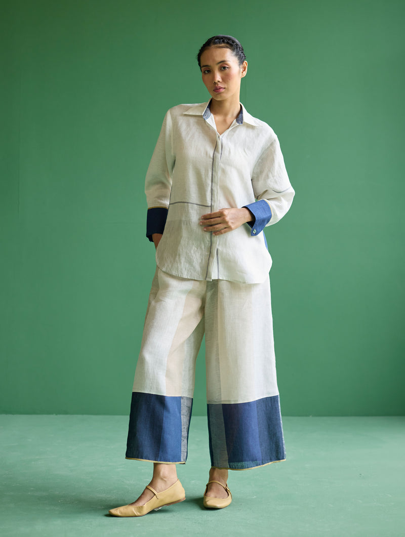 Kio Color-Blocked Linen Pant- Ivory