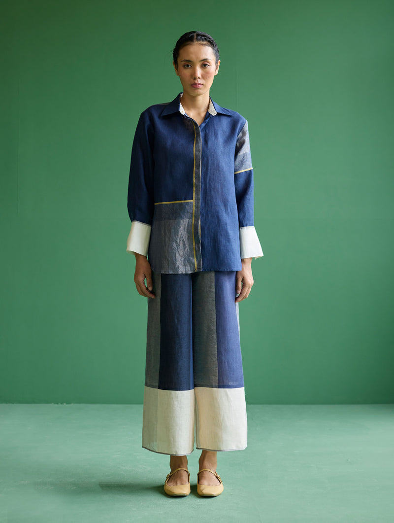 Yang Color-Blocked Metallic Linen Shirt - Navy