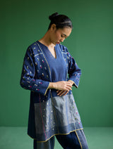 Ennya Hand-Embroidered Metallic Linen Kurta - Navy