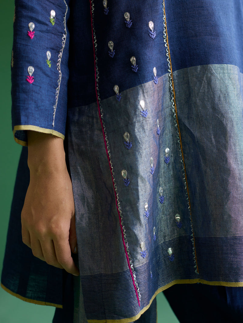 Ennya Hand-Embroidered Metallic Linen Kurta - Navy