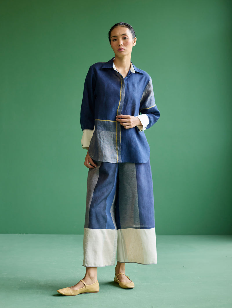 Yang Color-Blocked Metallic Linen Shirt - Navy