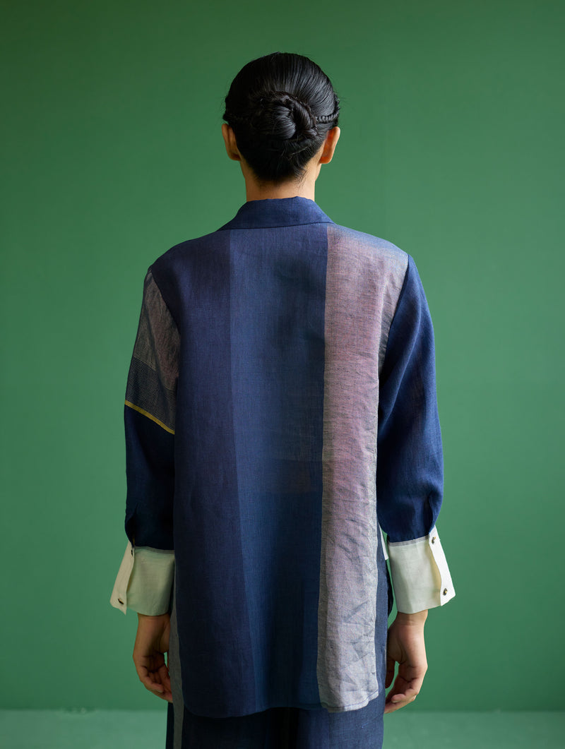 Yang Color-Blocked Metallic Linen Shirt - Navy