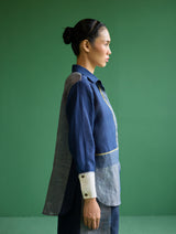 Yang Color-Blocked Metallic Linen Shirt - Navy