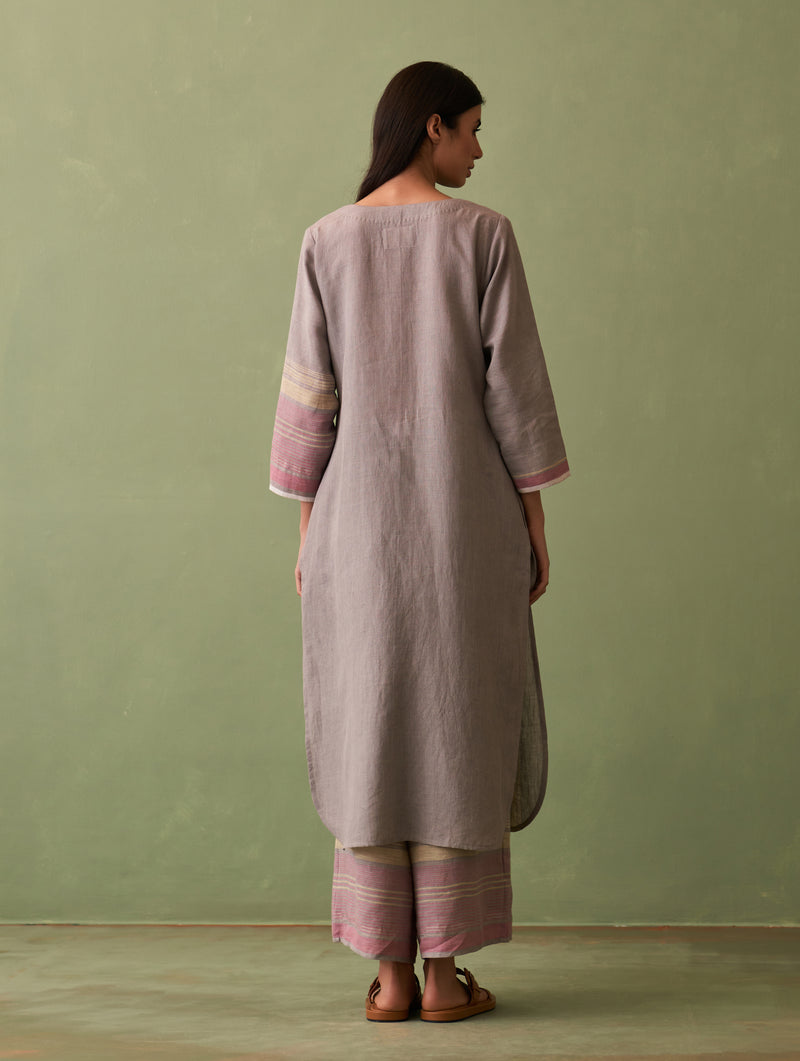 Shaza Border Linen Kurta - Ash