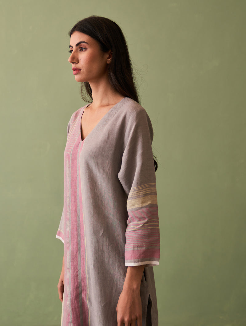 Shaza Border Linen Kurta - Ash