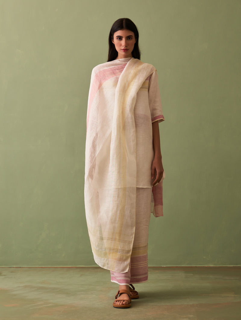 Zuri Border Linen Kurta Set - Ivory