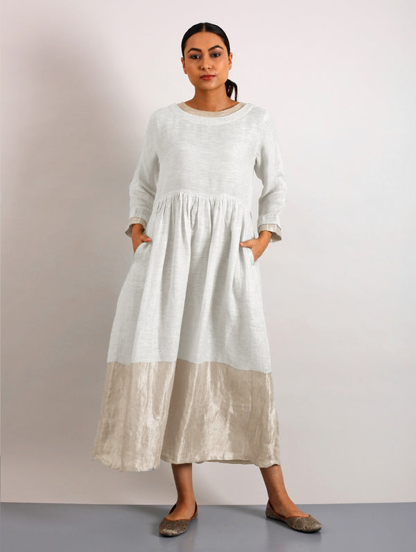 Estelle Metallic Linen Midi-Dress with Pockets - Ivory
